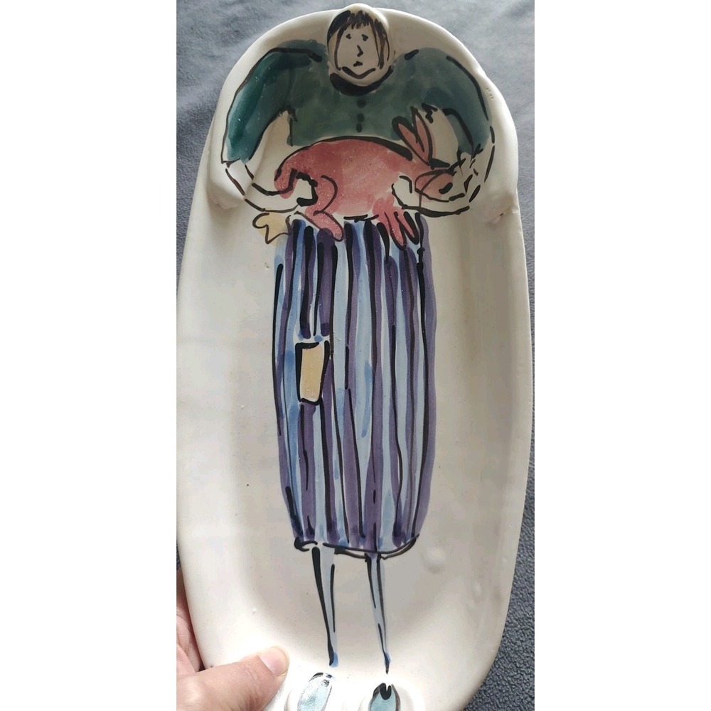 Art Pottery Woman with Pink Bunny Trinket Dish Serving Platter Signed Merry Cox